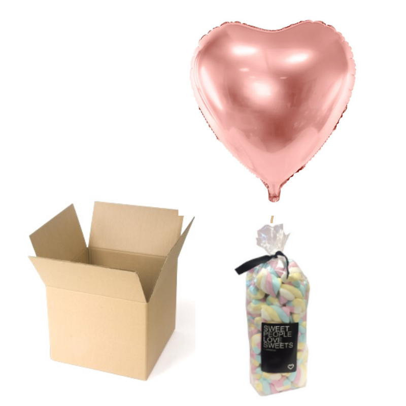 caja lovepack globo corazón oro rosa y bolsa nubes pareja eventos regalos packandthings alicante aspe